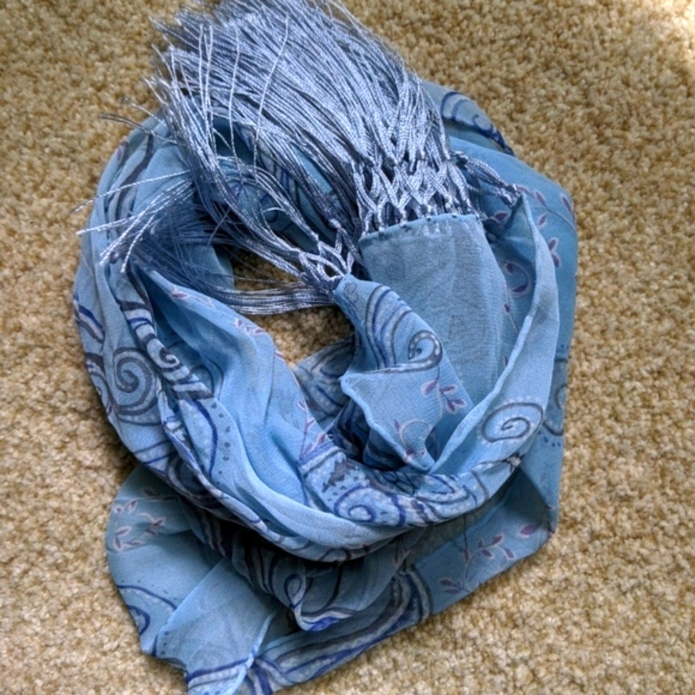 Baby Blue Paisley Neck Scarf with Fringe - Picture 5 of 7
